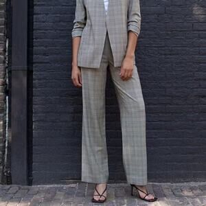 Aritzia Babaton Power Pant High Waist Belted Wide Leg Trousers Glen Plaid Gray 0